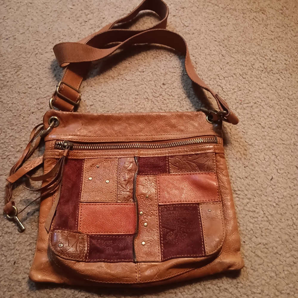 Fossil Patchwork Leather Brown Boho Crossbody Bag - image 1